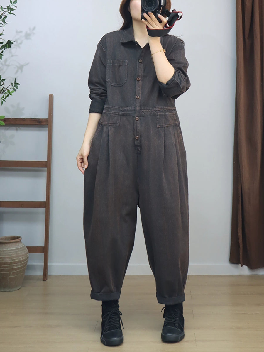 Women Vintage Solid Long Sleeve Loose Jumpsuits