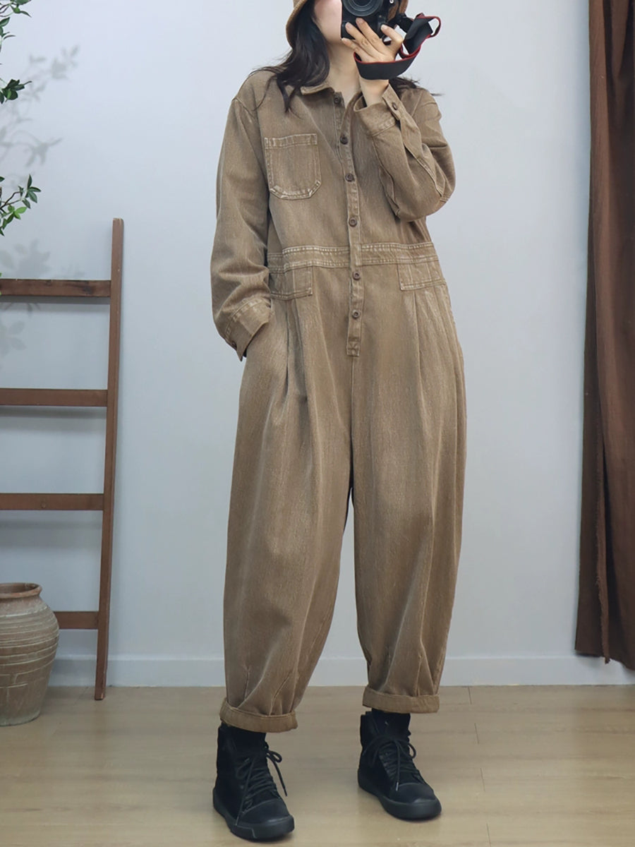 Women Vintage Solid Long Sleeve Loose Jumpsuits