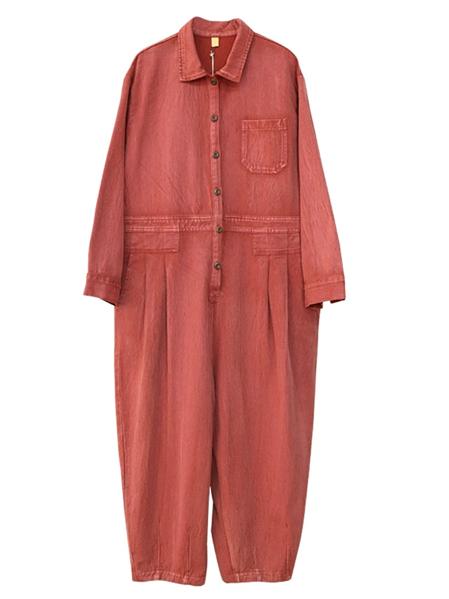 Women Vintage Solid Long Sleeve Loose Jumpsuits