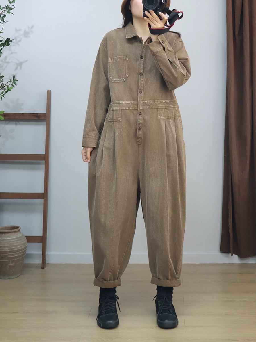 Women Vintage Solid Long Sleeve Loose Jumpsuits