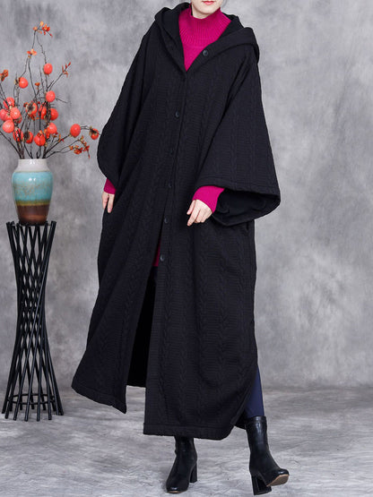 Women Autumn Retro Cotton Hooded Knit Long Coat