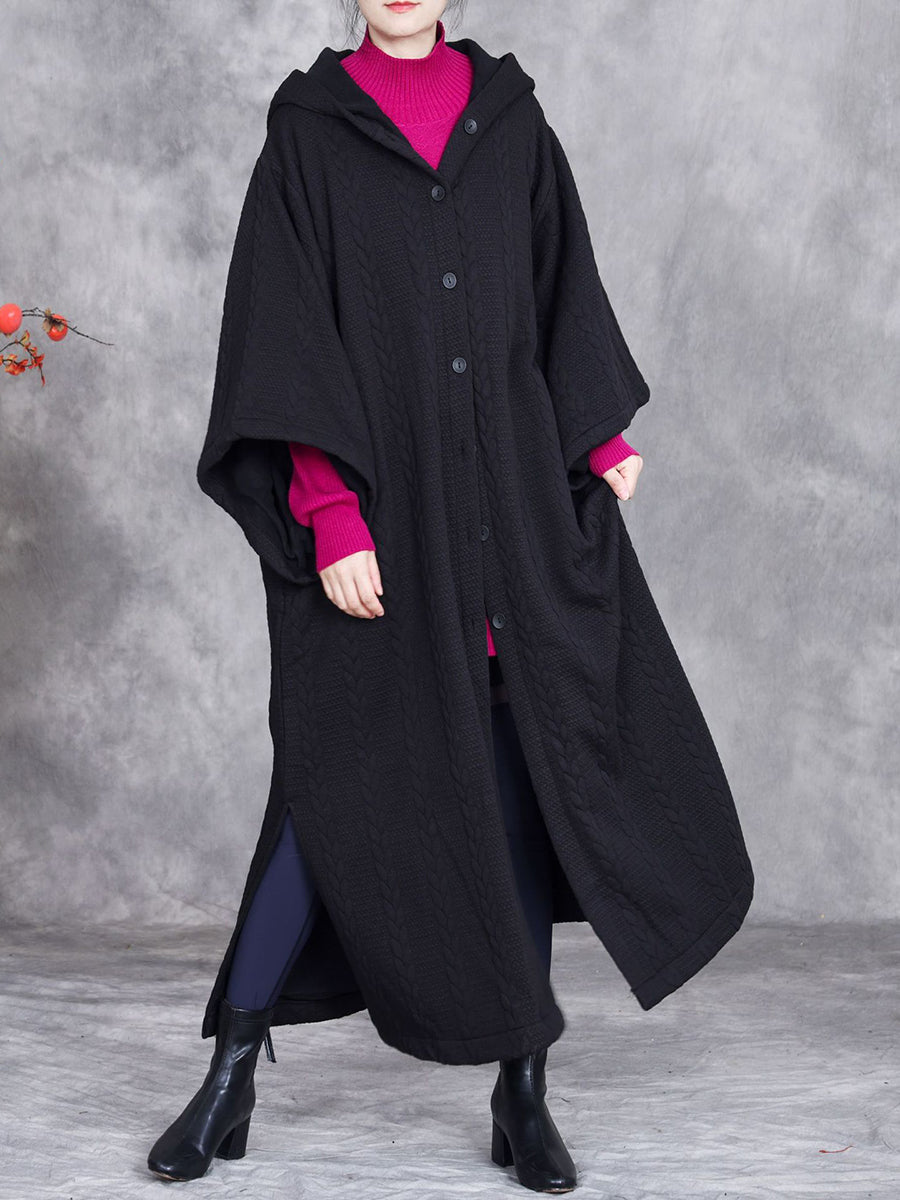 Women Autumn Retro Cotton Hooded Knit Long Coat