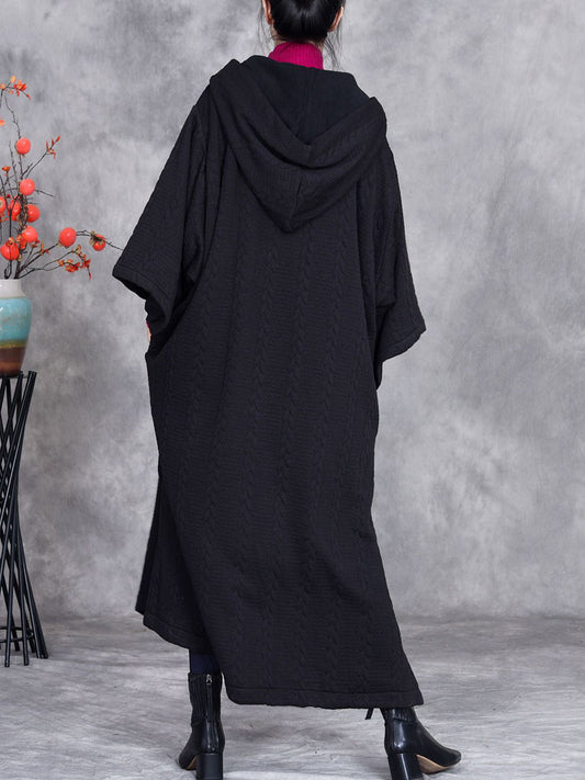 Women Autumn Retro Cotton Hooded Knit Long Coat