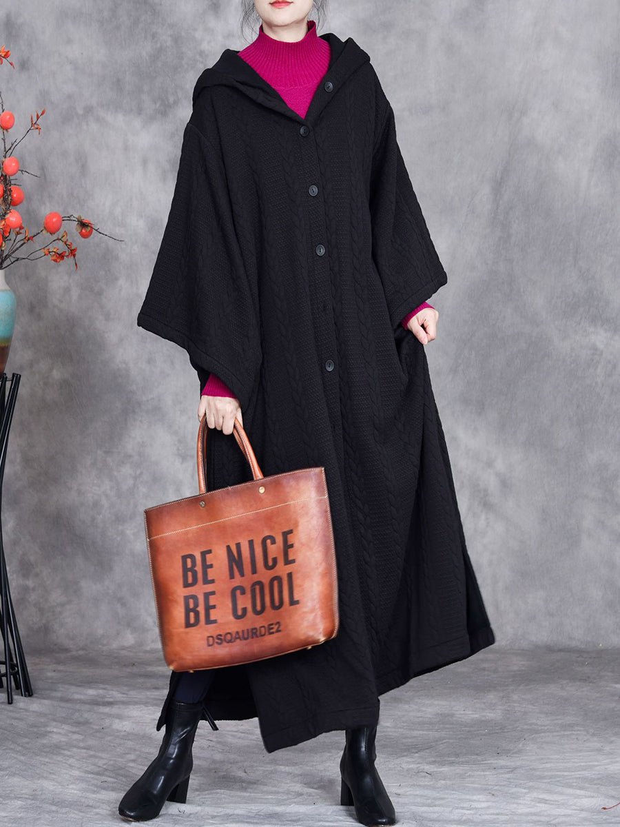 Women Autumn Retro Cotton Hooded Knit Long Coat