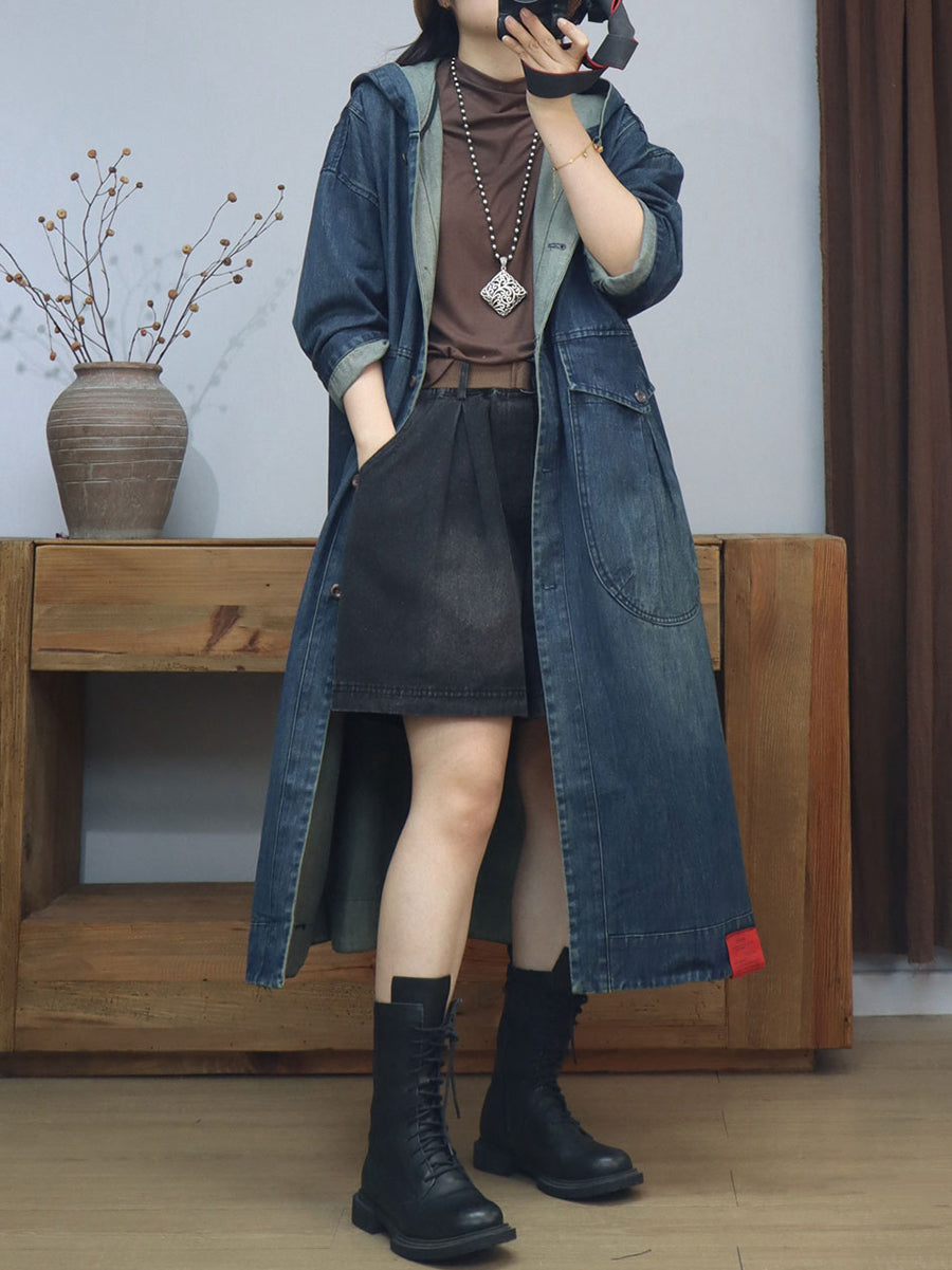 Women Autumn Retro Solid Hooded Long Coat