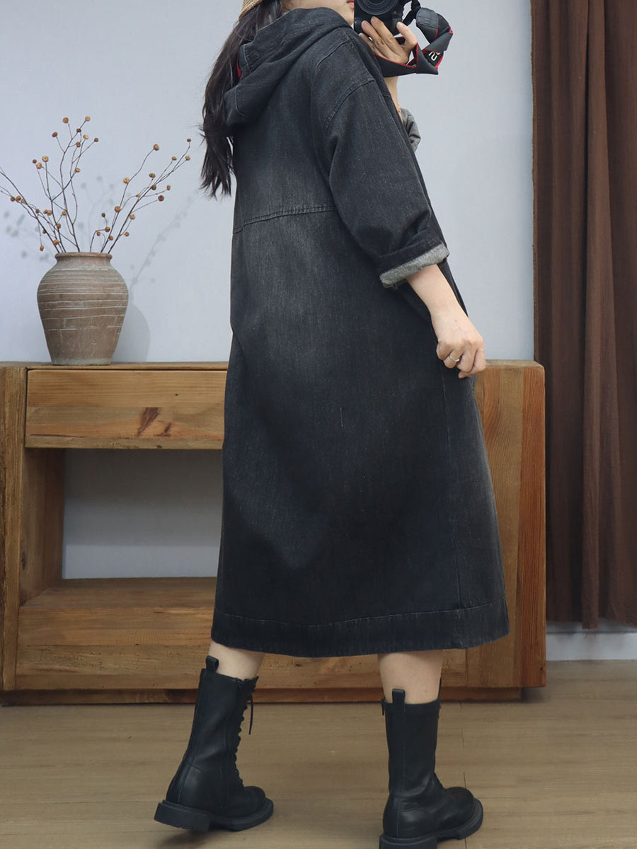 Women Autumn Retro Solid Hooded Long Coat