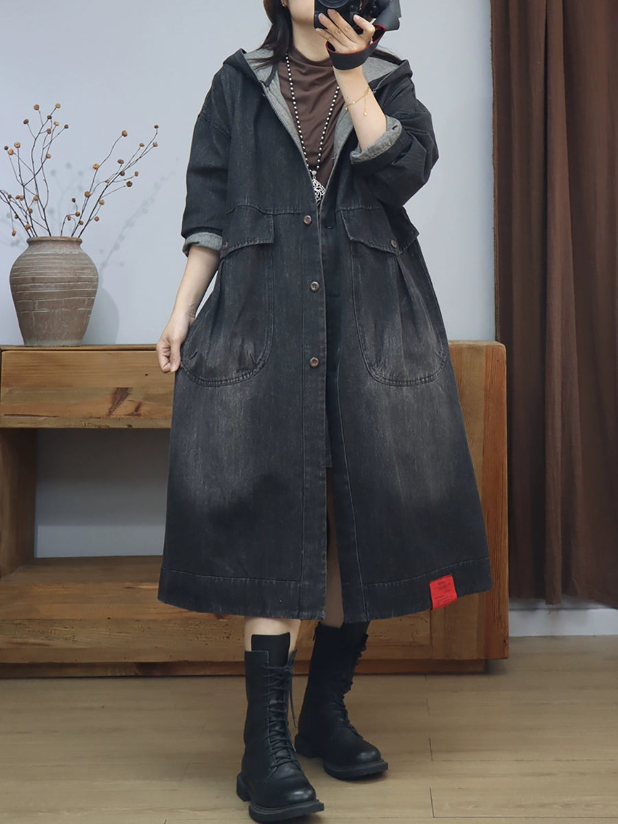 Women Autumn Retro Solid Hooded Long Coat