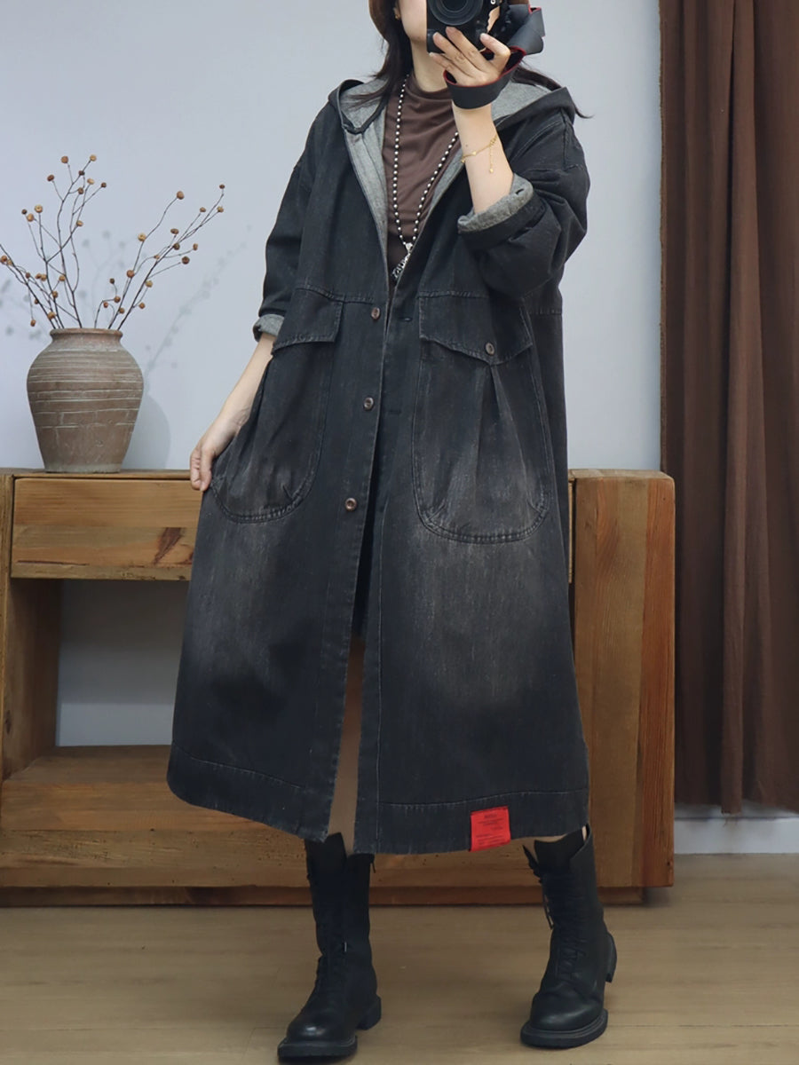 Women Autumn Retro Solid Hooded Long Coat