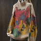 Women Autumn Artsy Flower Half-Turtleneck Sweater