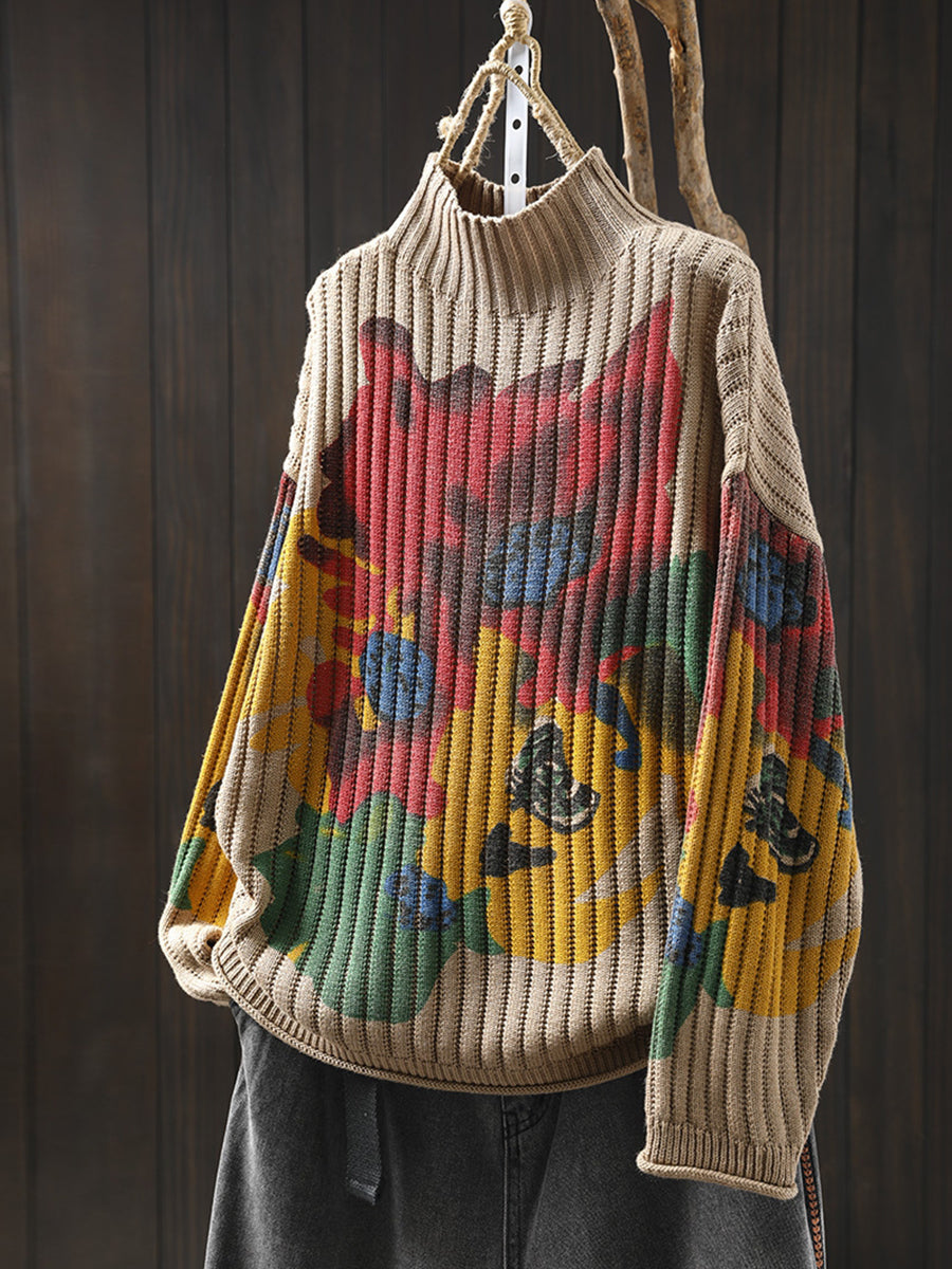 Women Autumn Artsy Flower Half-Turtleneck Sweater