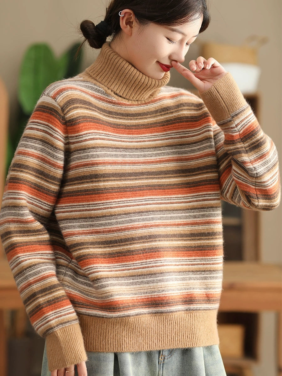 Women Autumn Casual Stripe Turtleneck Sweater