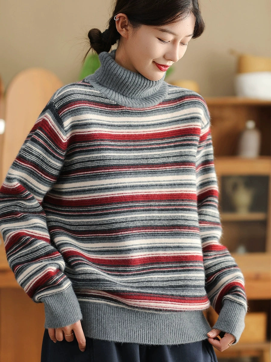 Women Autumn Casual Stripe Turtleneck Sweater