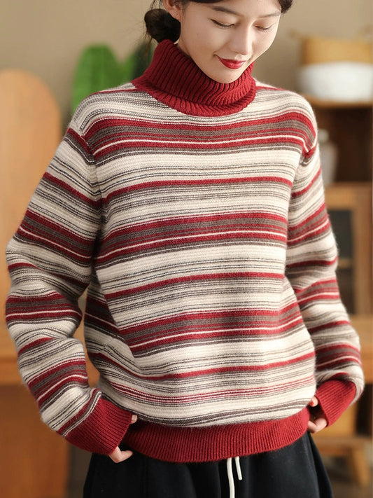 Women Autumn Casual Stripe Turtleneck Sweater