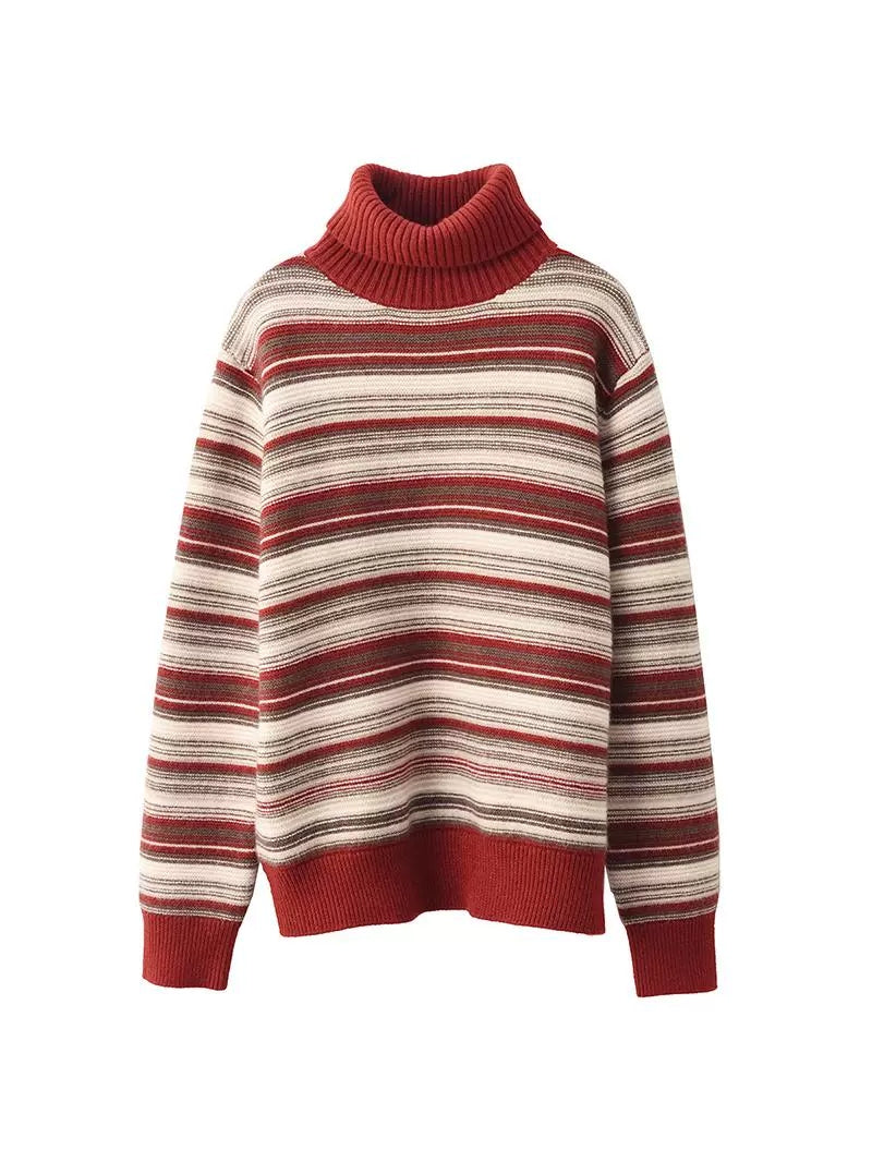 Women Autumn Casual Stripe Turtleneck Sweater