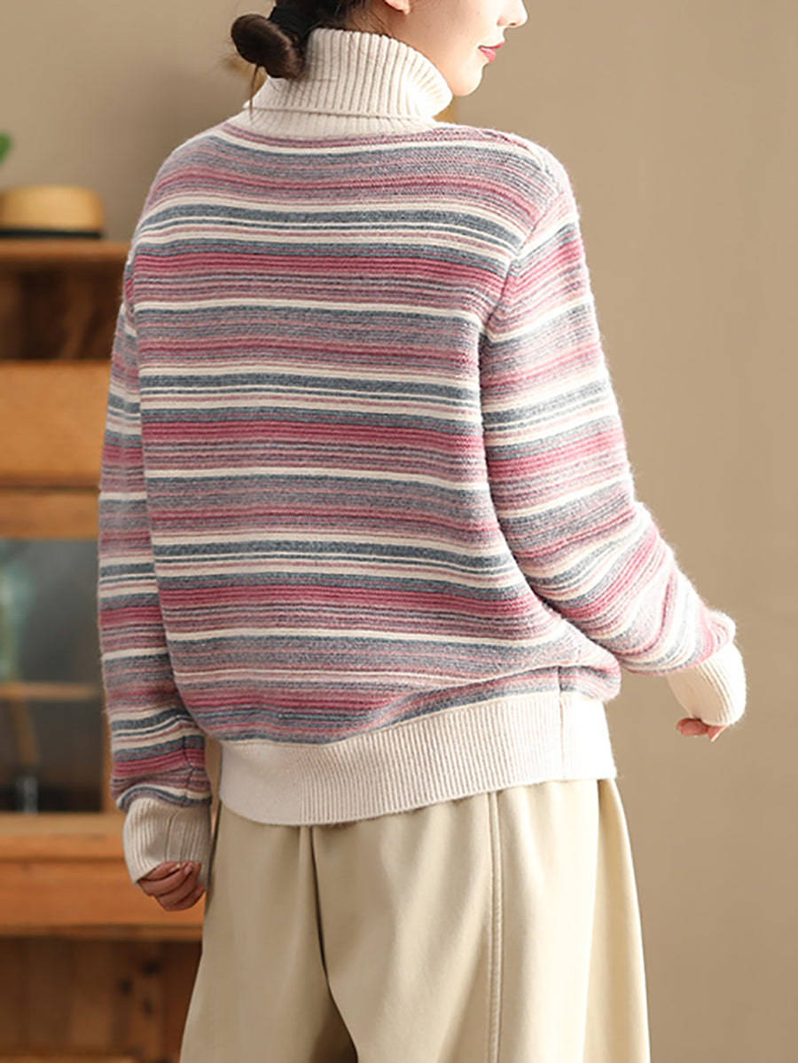 Women Autumn Casual Stripe Turtleneck Sweater