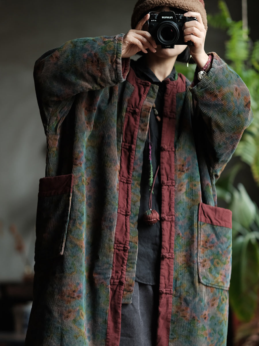 Women Autumn Retro Flower O-Neck Corduroy Padded Coat