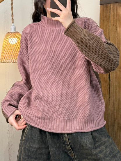 Women Autumn Casual Colorblock Turtleneck Sweater