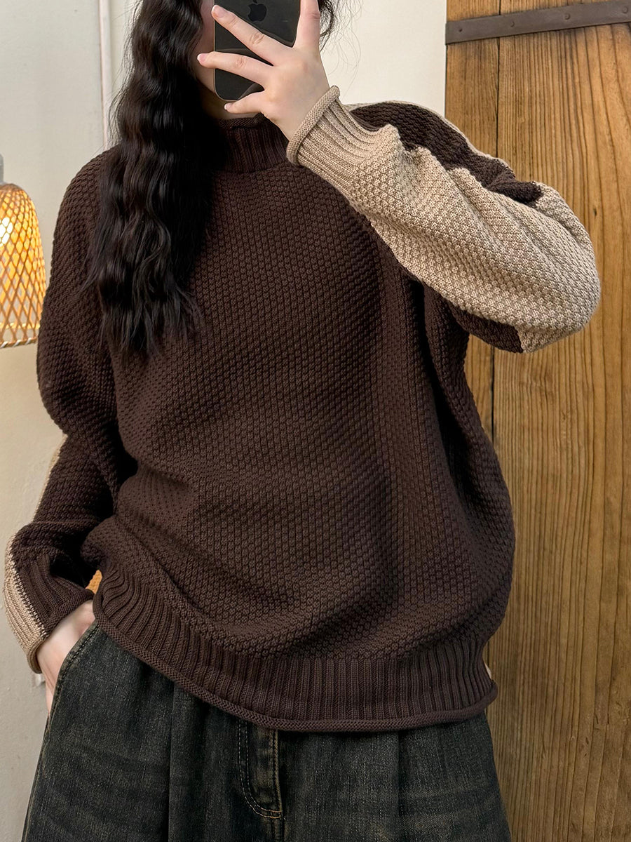 Women Autumn Casual Colorblock Turtleneck Sweater