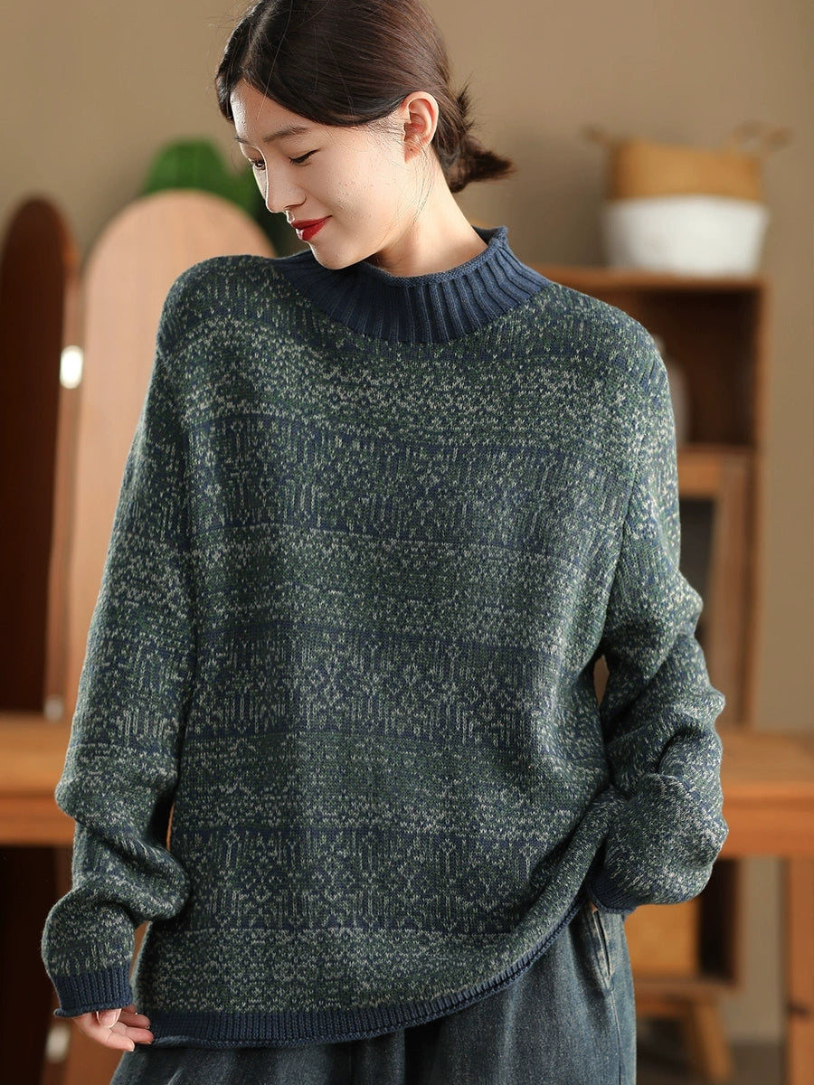 Women Autumn Casual Flower Knit  Half-Turtleneck Sweater