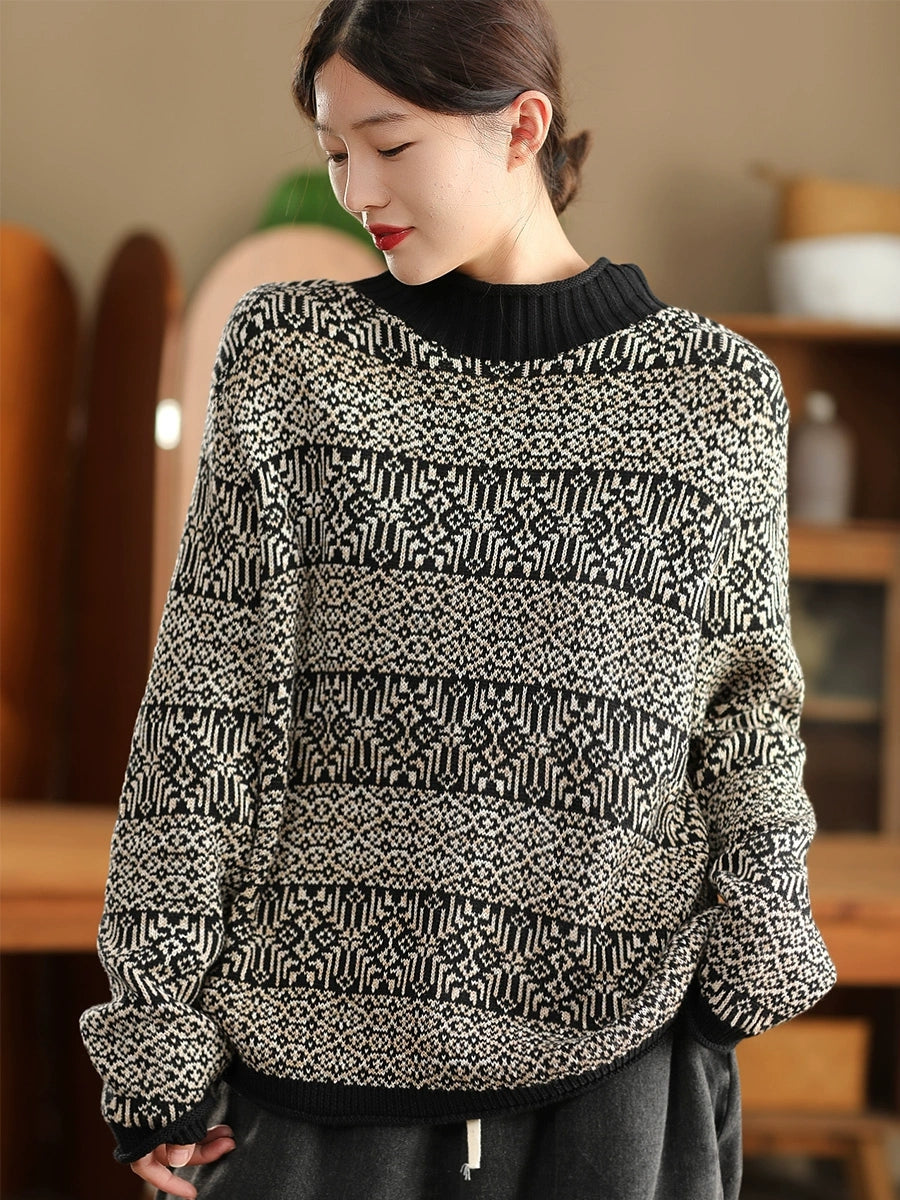 Women Autumn Casual Flower Knit  Half-Turtleneck Sweater