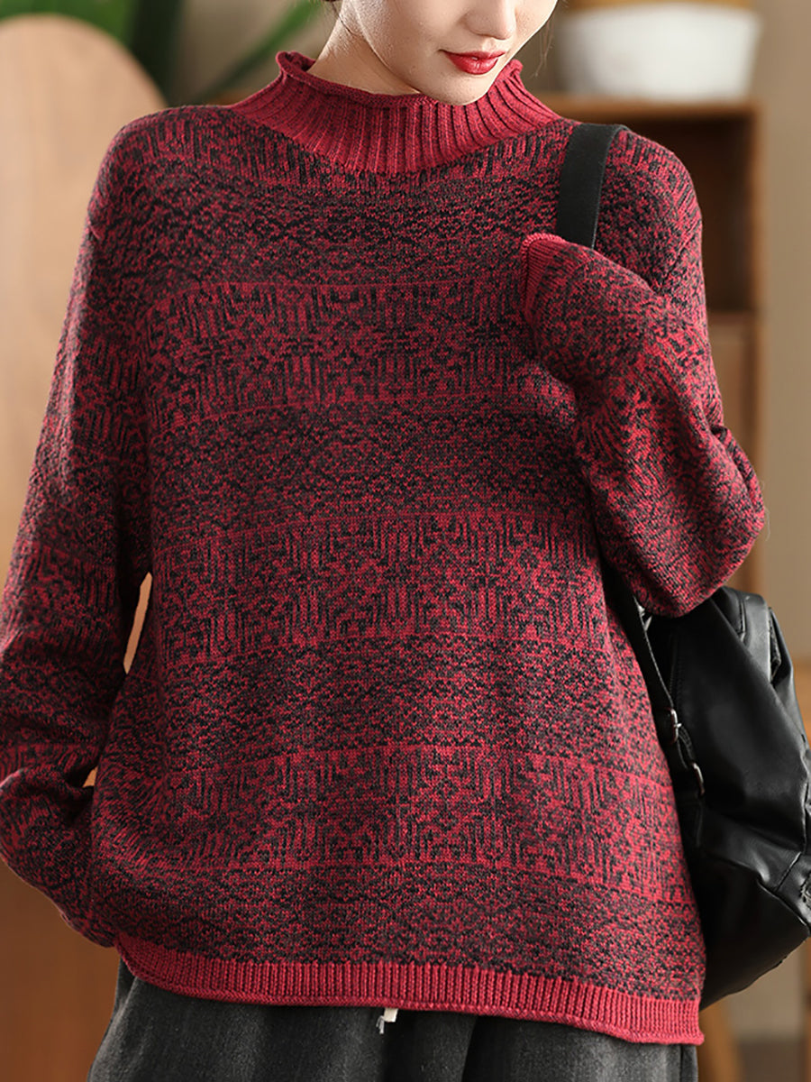 Women Autumn Casual Flower Knit  Half-Turtleneck Sweater