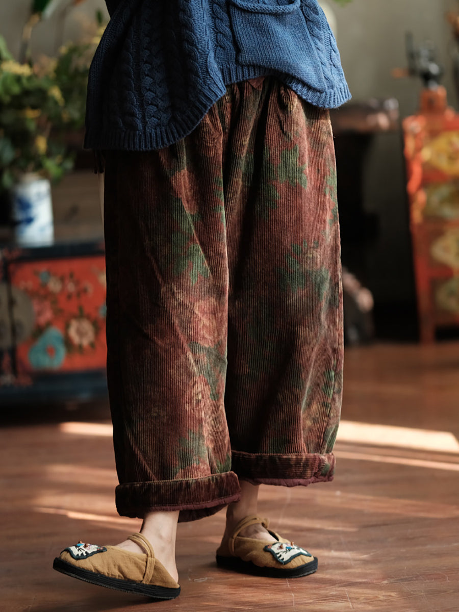 Women Autumn Retro Flower Corduroy Wide-leg Pants