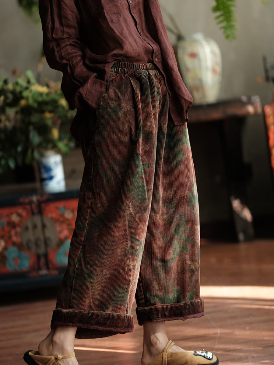 Women Autumn Retro Flower Corduroy Wide-leg Pants