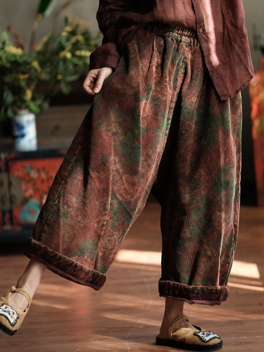 Women Autumn Retro Flower Corduroy Wide-leg Pants