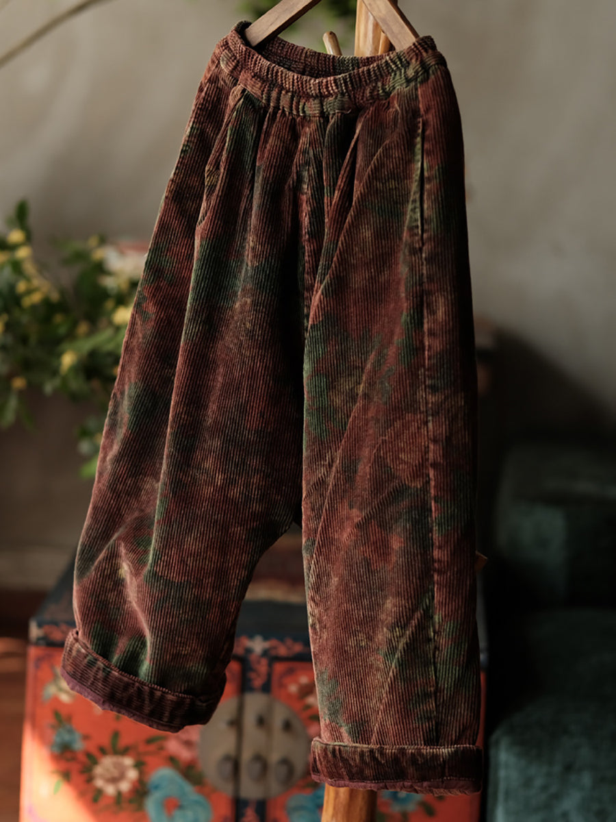 Women Autumn Retro Flower Corduroy Wide-leg Pants