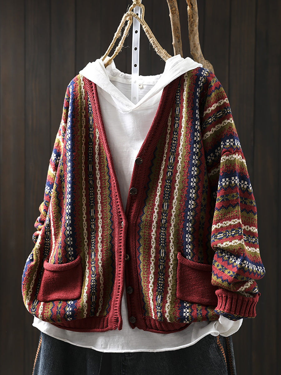 Women Autumn Casual Stripe Knit V-Neck Sweater