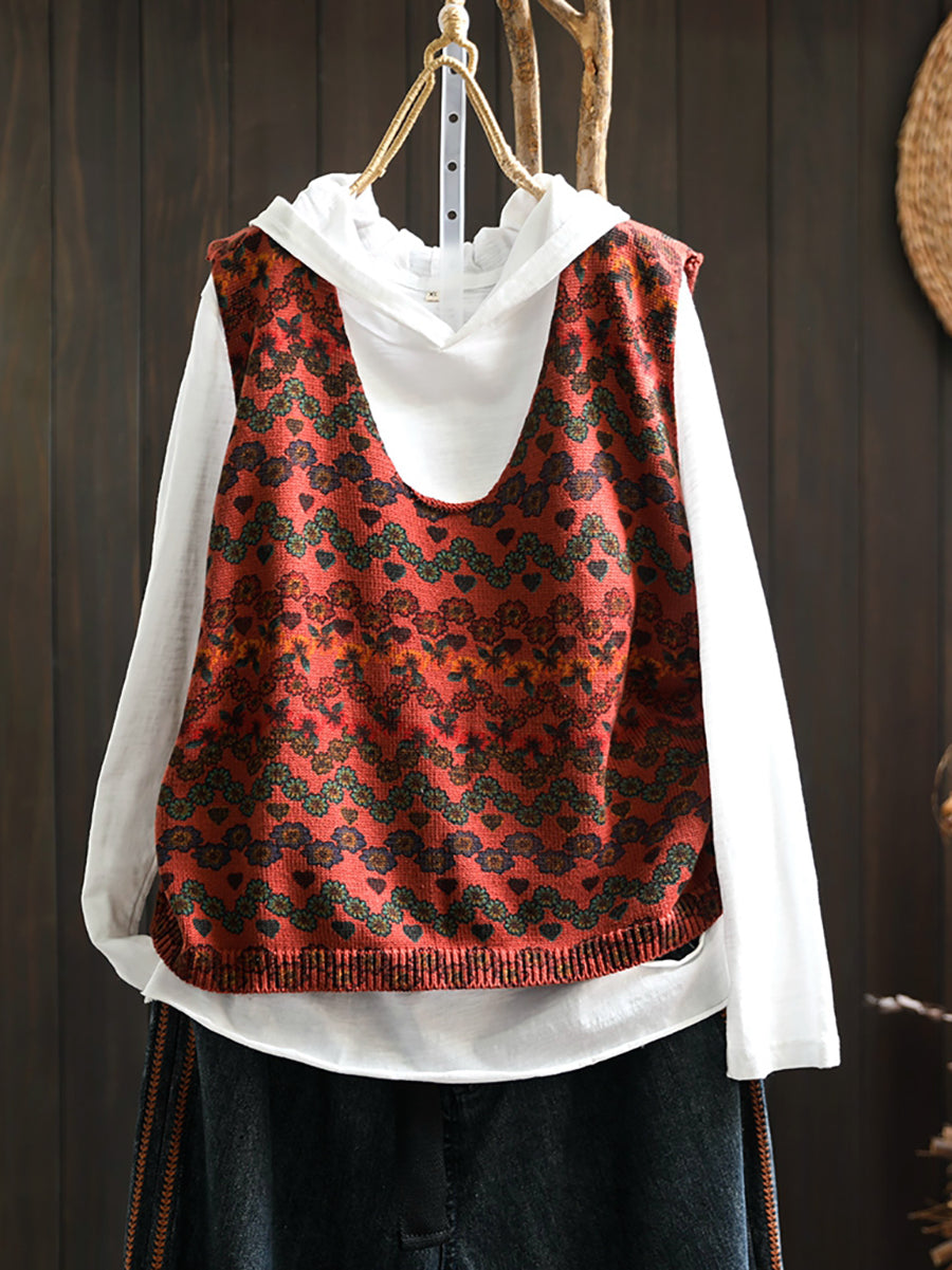 Women Casual Autumn U-Neck Flower Knit Vest