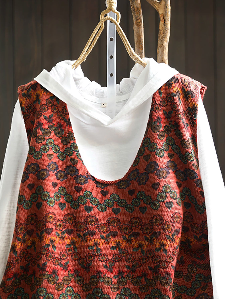 Women Casual Autumn U-Neck Flower Knit Vest