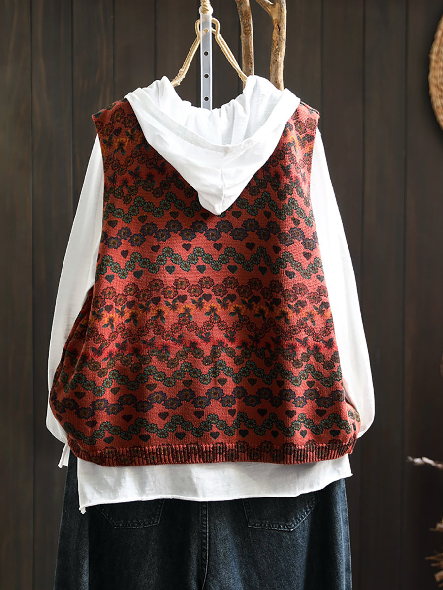 Women Casual Autumn U-Neck Flower Knit Vest