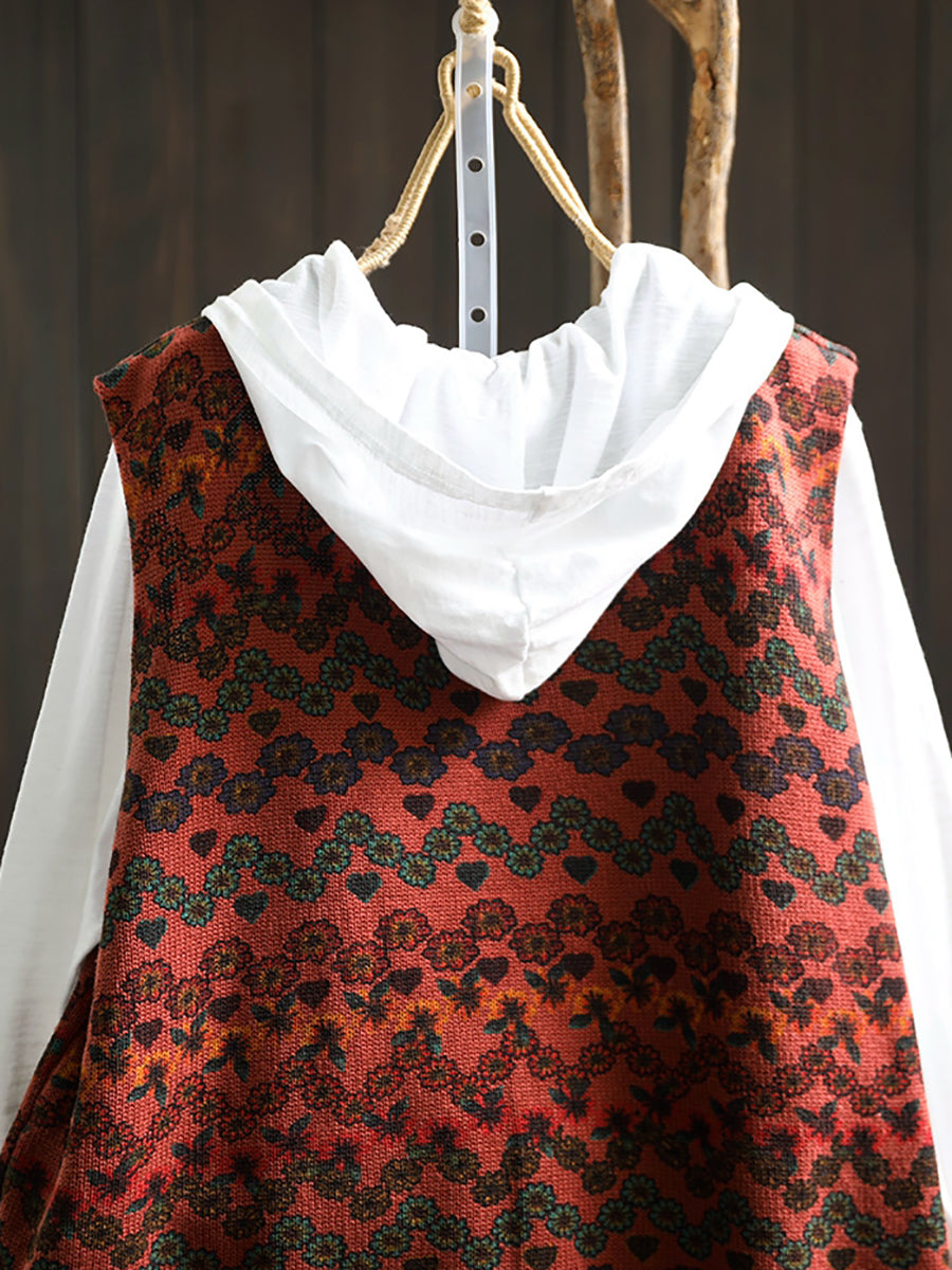 Women Casual Autumn U-Neck Flower Knit Vest