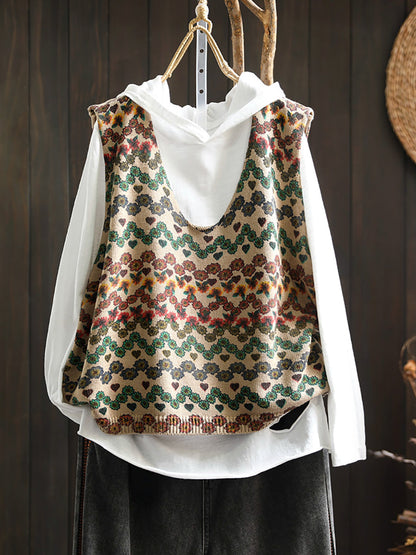 Women Casual Autumn U-Neck Flower Knit Vest