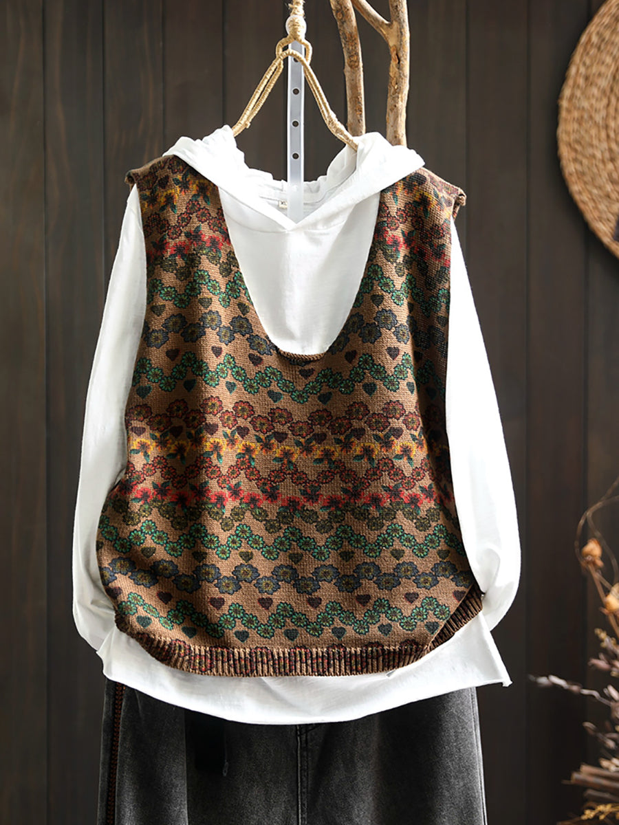 Women Casual Autumn U-Neck Flower Knit Vest