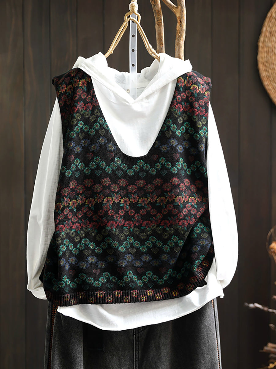 Women Casual Autumn U-Neck Flower Knit Vest