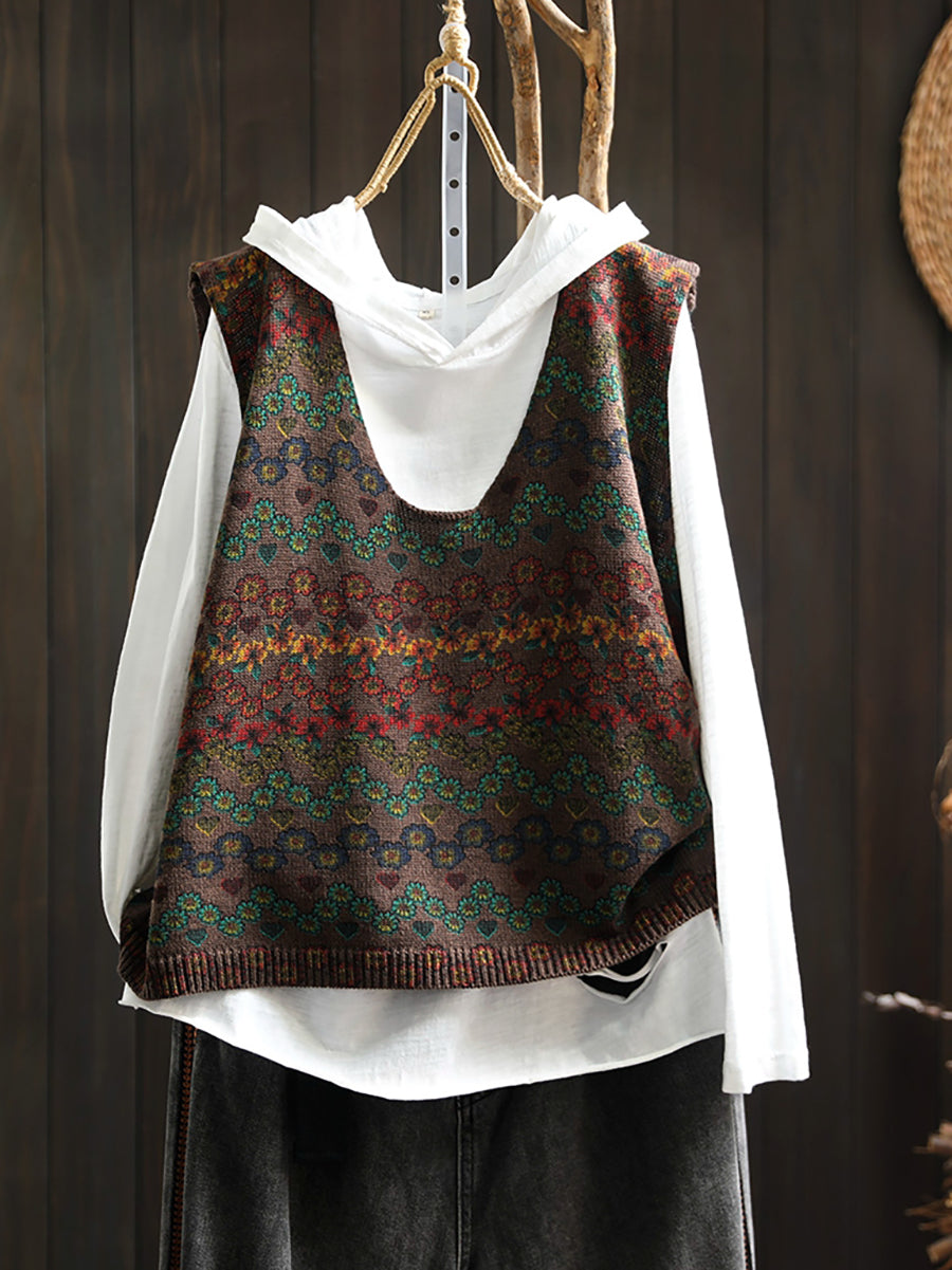 Women Casual Autumn U-Neck Flower Knit Vest