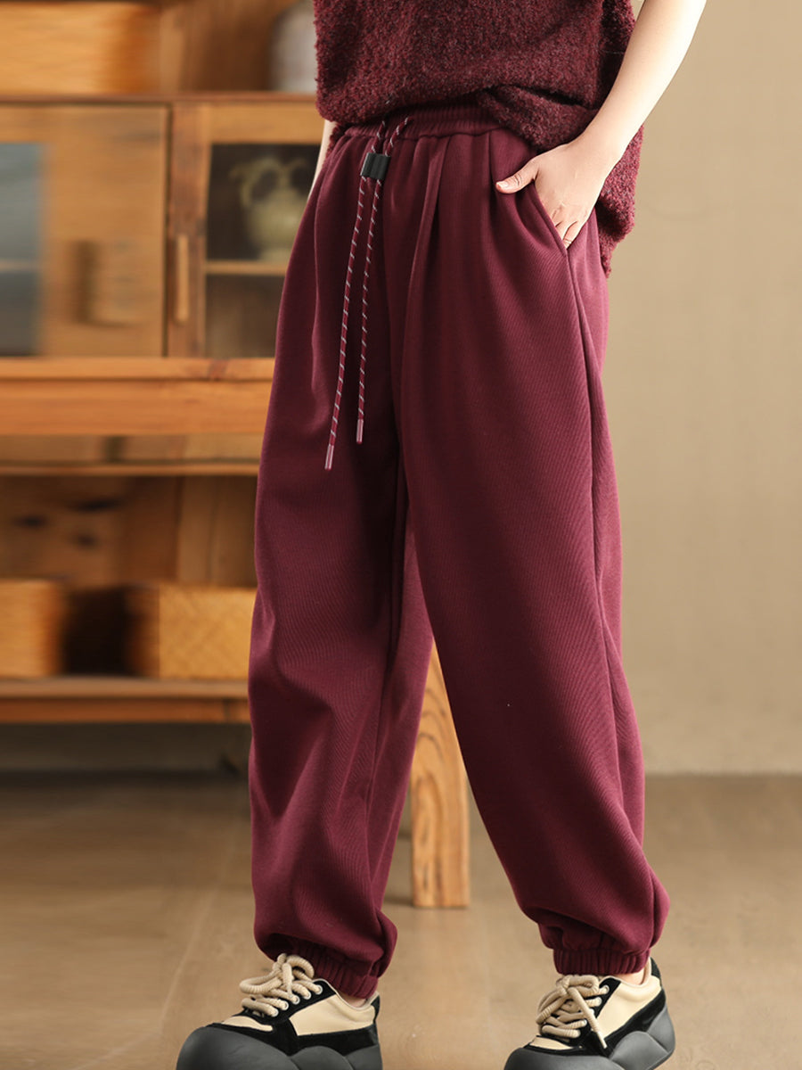 Women Winter Retro Solid Fleece-lined Harem Pants