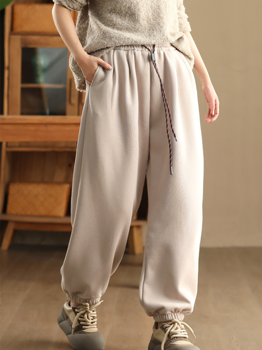 Women Winter Retro Solid Fleece-lined Harem Pants