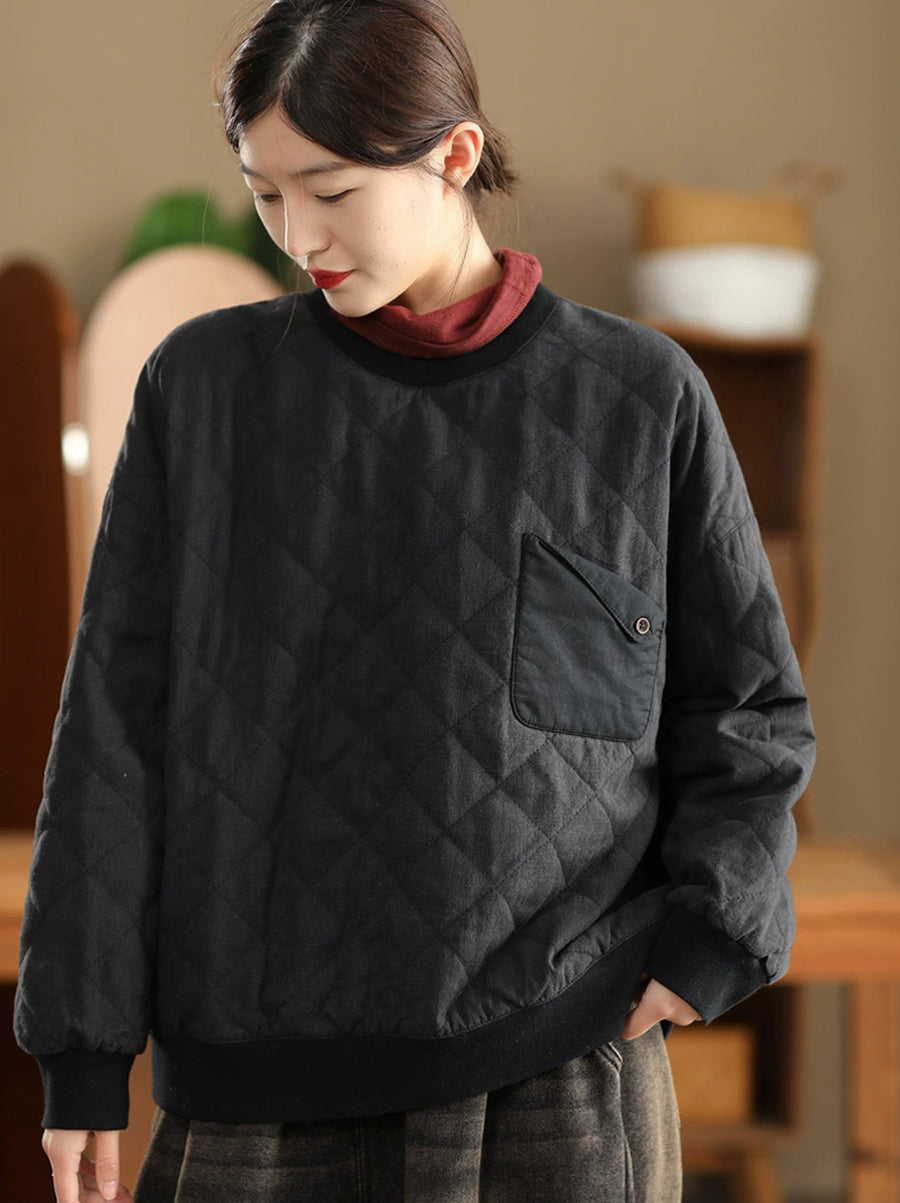 Women Winter Casual Pure Color Linen O-Neck Sweatshirt