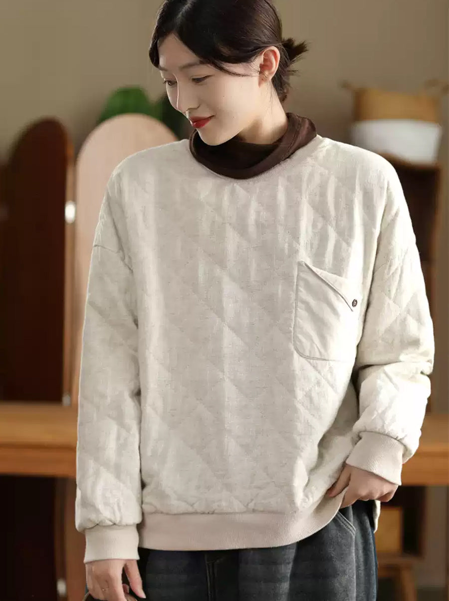 Women Winter Casual Pure Color Linen O-Neck Sweatshirt