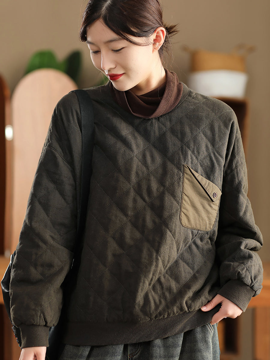 Women Winter Casual Pure Color Linen O-Neck Sweatshirt