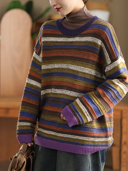 Women Autumn Casual Stripe Colorblock O-Neck Sweater