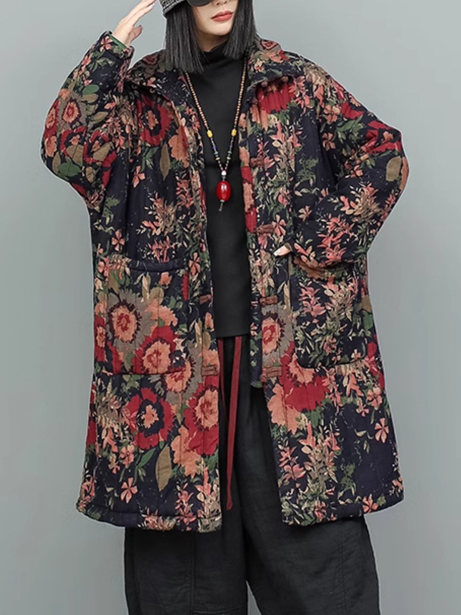 Women Autumn Retro Flower Turn-down Collar Padded Coat