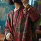 Women Ethnic Autumn Flower Cotton O-Neck Loose Shirt