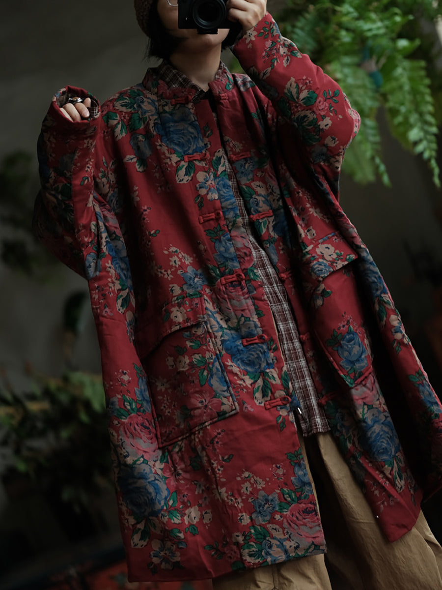 Women Ethnic Red Flower Stand Collar Cotton Padded Coat