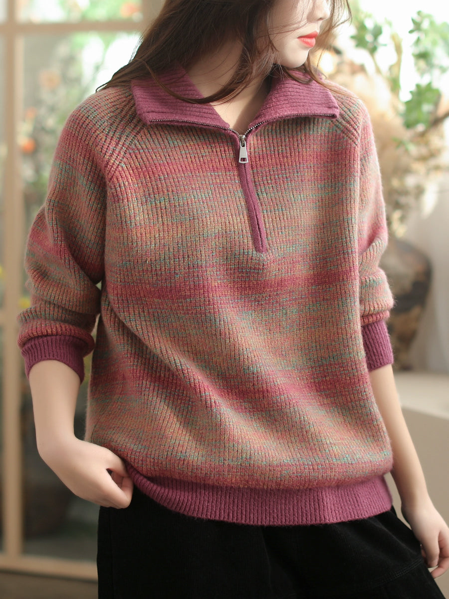 Women Autumn Casual Stripe Colorblock Stand Collar Sweater