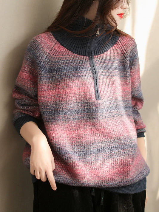 Women Autumn Casual Stripe Colorblock Stand Collar Sweater