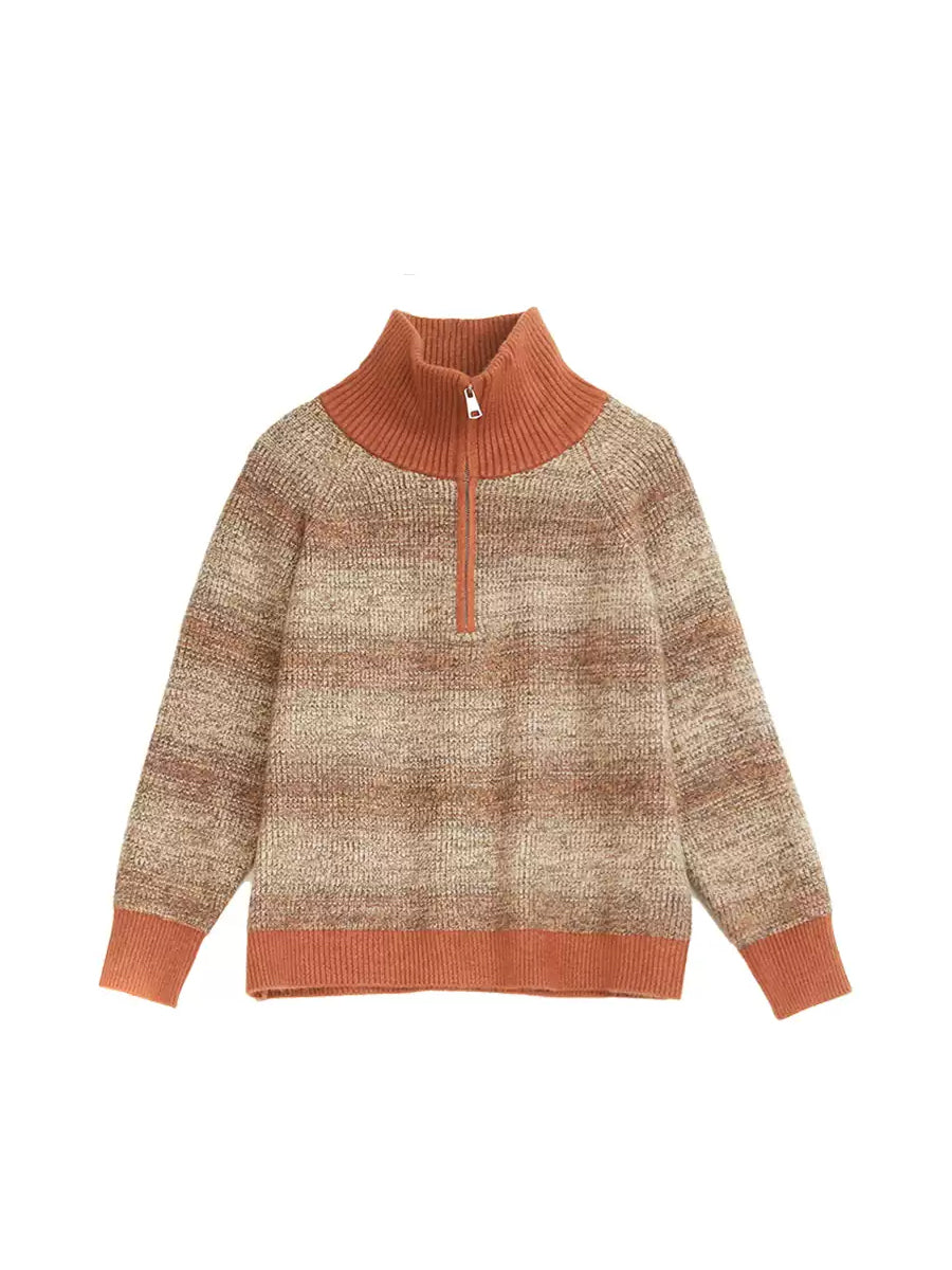 Women Autumn Casual Stripe Colorblock Stand Collar Sweater